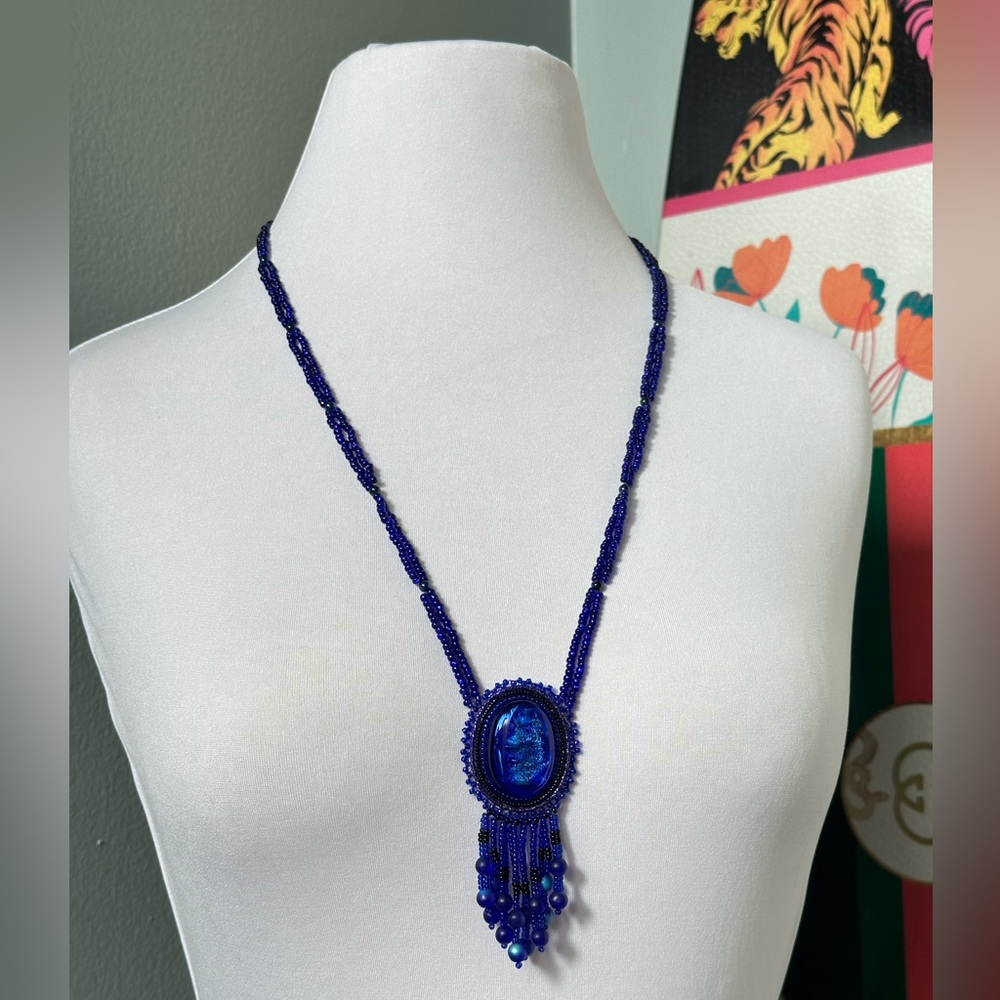 Artisan Handmade Blue Beadwork Glass Cabochon Seed Bead Fringe Necklace